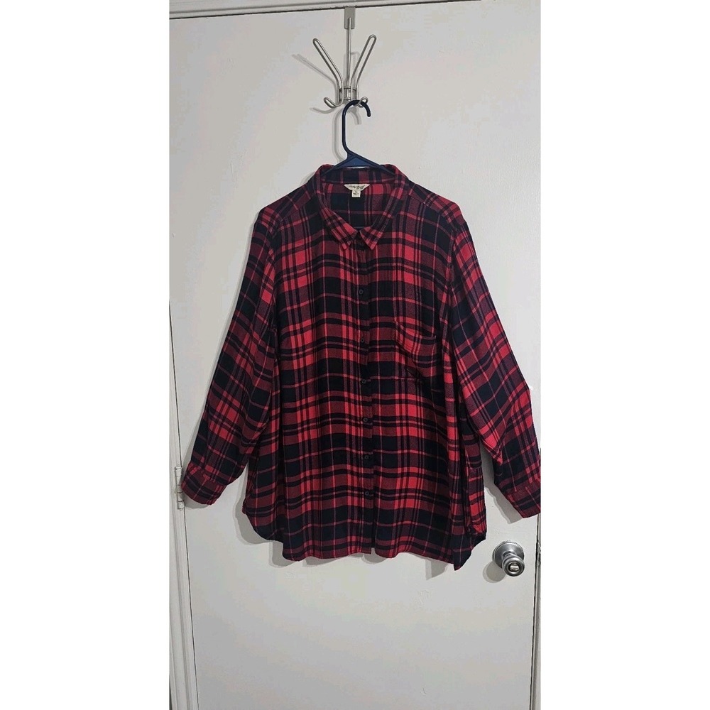 Lucky Brand Plaid Check Button Down Blouse Shirt Womens Size 3X Red Blue Flowy - Picture 2 of 9